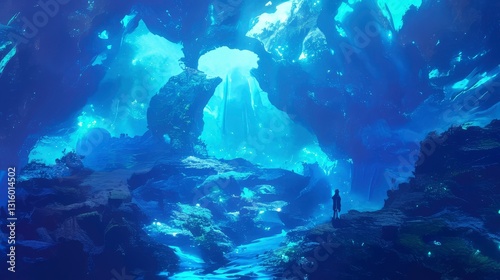 Wallpaper Mural Solitary Figure in a Bioluminescent Cave A Journey into the Deep Blue Fantasy Landscape Torontodigital.ca