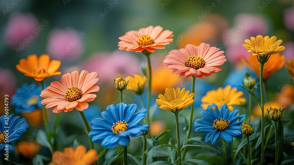 Vibrant Collection of Colorful Flowers in a Blooming Garden Featuring Orange, Blue, and Yellow Petals Vibrant Collection of Colorful Flowers in a Blooming Garden Featuring Orange, Blue, and Yellow Petals