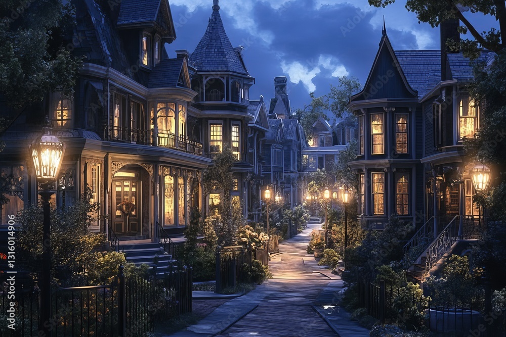 Obraz premium Captivating scene of a charming street lined with Victorian houses illuminated at night, surrounded by lush greenery and glowing street lamps, evoking nostalgia.