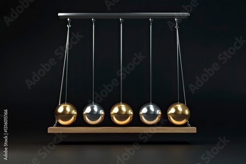 3D render of a golden and silver Newton's cradle on a black background. The set includes several isolated spheres suspended in the air, with each sphere containing an entire shiny metal ball.