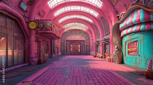 The production of sweet treats like sugar cookies takes place within a pink chocolate factory equipped with industry machinery and infrastructure
