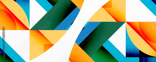 Abstract geometric composition with interlocking circular and angular shapes, featuring smooth gradients and sharp contrasts on a white background