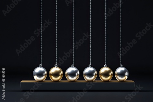 Fototapeta Naklejka Na Ścianę i Meble -  3D render of a golden and silver Newton's cradle on a black background. --ar 3:2 --v 6.1 Job ID: bf0b875b-31e2-4b04-986c-bad5ef6062df