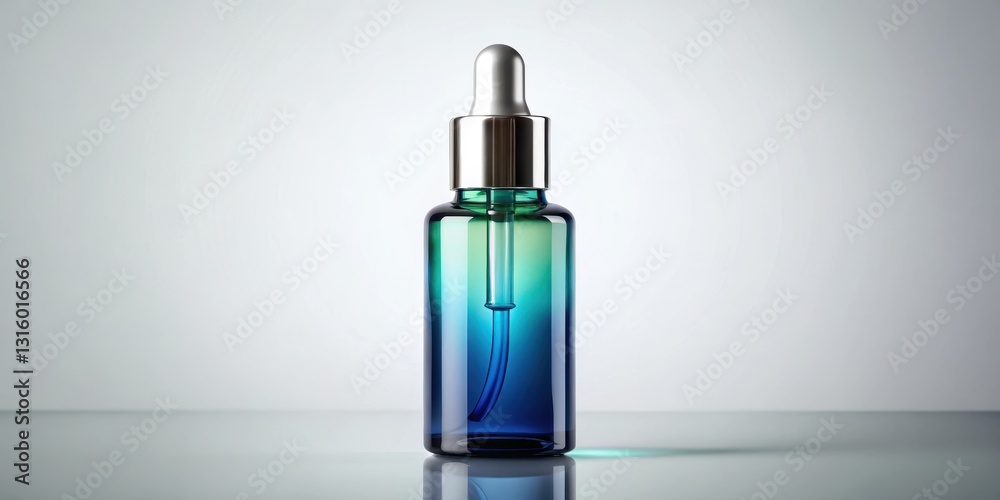 A sleek, cylindrical bottle with a gradient blue hue, featuring a metallic silver dropper cap, rests on a reflective surface against a neutral backdrop. A sleek, cylindrical bottle with a gradient blue hue, featuring a metallic silver dropper cap, rests on a reflective surface against a neutral backdrop.