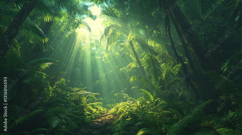 Tropical rainforest bathed in sunlight, with lush green leaf foliage, vibrant nature, and a beautiful jungle landscape of trees and wilderness plants illuminated by morning light Tropical rainforest bathed in sunlight, with lush green leaf foliage, vibrant nature, and a beautiful jungle landscape of trees and wilderness plants illuminated by morning light