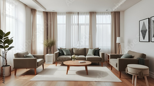 Capturing the unique blend of functionality and style in a living room adorned with dimout curtains and minimalist scandinavian furniture.