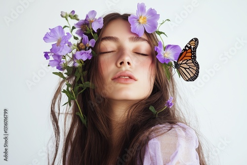 A model with purple accents. Purple flowers and butterflies. Beautiful and colorful. Elegant model. Pictorial feel. Perfume model. Personification of purple. Personification of flowers. Dreamy.
