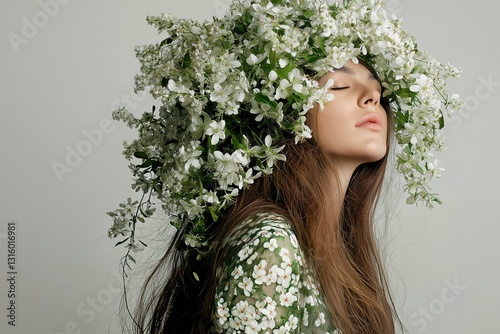A model with an emphasis on green. Grass and trees. Beautiful green. Model. Pictorial feel. Perfume model. The personification of green. The personification of flowers.
