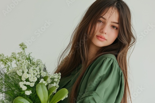 A model with an emphasis on green. Grass and trees. Beautiful green. Model. Pictorial feel. Perfume model. The personification of green.