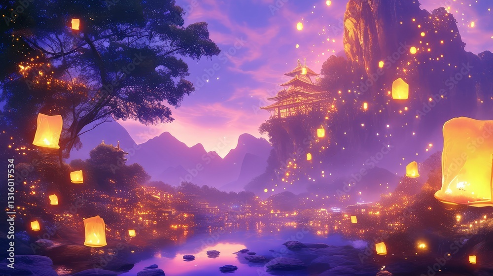 Enchanting Asian Village at Dusk with Floating Sky Lanterns Enchanting Asian Village at Dusk with Floating Sky Lanterns
