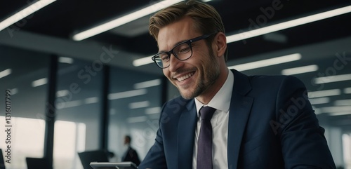 Businessman in a suit working in modern office. Smiling while using a calculator
