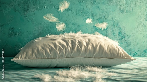 The soft and comfortable fluffy feather pillow, placed on a white cushion on the bed, creates a cozy bedroom atmosphere, perfect for sleeping and relaxing at home, and providing the comfort and rest