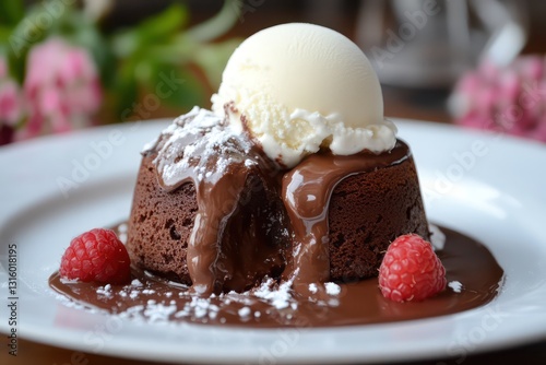 Soft, fudgy lava cake with vanilla ice cream melting into a rich chocolate pool. photo