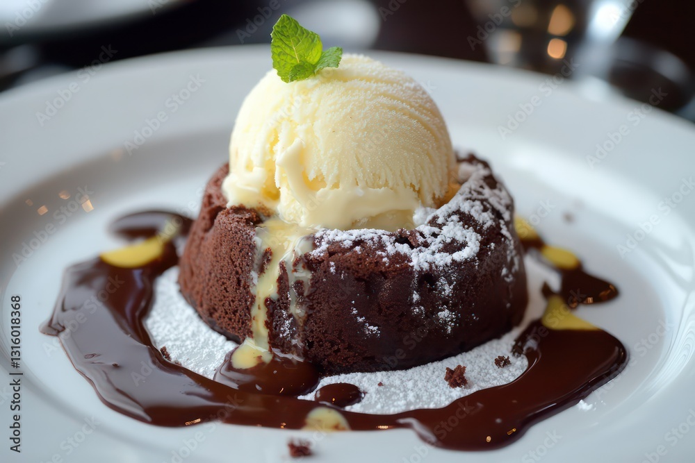 Soft, fudgy lava cake with vanilla ice cream melting into a rich chocolate pool. Soft, fudgy lava cake with vanilla ice cream melting into a rich chocolate pool.