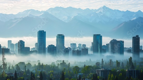 Almaty city skyline shrouded in morning fog with snow-capped mountains backdrop