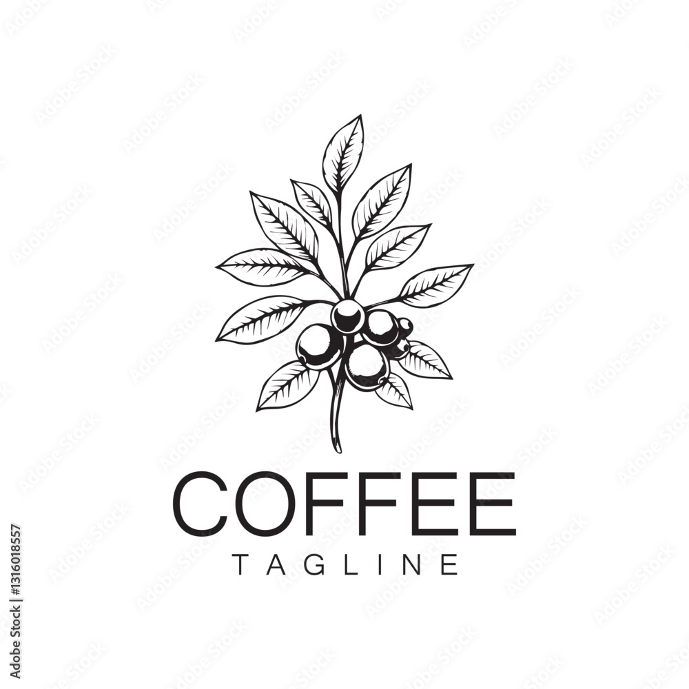 Fototapeta premium Logo design of arabica coffee cup and coffee plant hand drawn vintage style