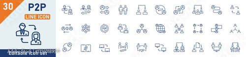 Peer to peer line icon set. Set of 30 outline icons related to p2p, peer to peer, connection, peer, employees, partnerships, co-workers, networking and others. Editable stroke. Vector illustration.