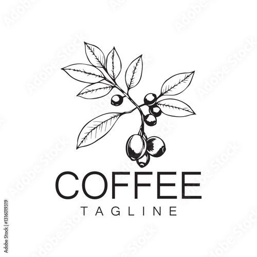 Logo design of arabica coffee cup and coffee plant hand drawn vintage style