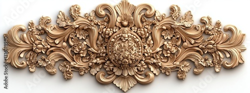 A golden ornament featuring a vintage design is presented as a retro decorative element isolated on a transparent background with ornate classic curves and royal gold embellishment, accompanied by an