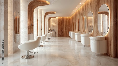 Luxury studio mirrors, makeup chairs, and a modern hairstyle space are key features of the beauty salon's interior, which also includes a fashionable barbershop design, contemporary spa furniture,