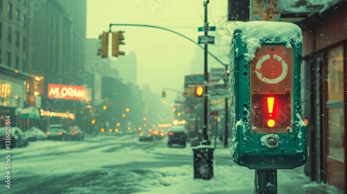 Road signs alert motorists to the risks of snow and ice, issuing a winter weather warning that highlights hazardous and slippery road conditions, with room for additional traffic notices
