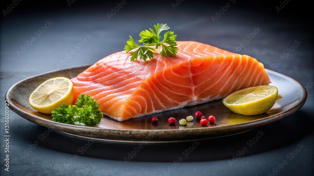 A fresh salmon fillet, elegantly presented on a dark plate with citrus wedges and herbs A fresh salmon fillet, elegantly presented on a dark plate with citrus wedges and herbs