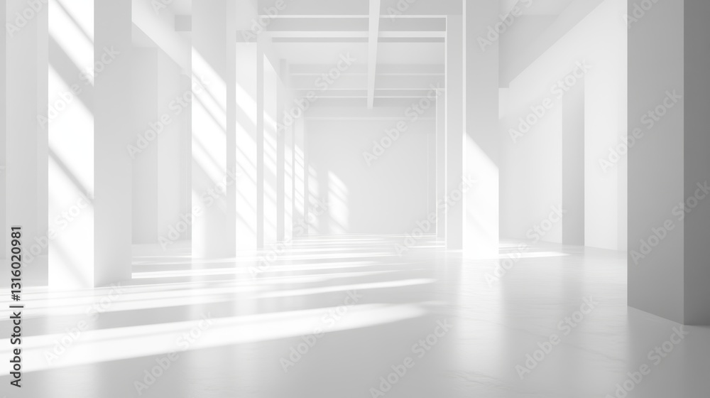 Obraz premium A bright and minimalistic interior space showcasing clean lines and dynamic light play. Ideal for design concepts emphasizing tranquility and simplicity.