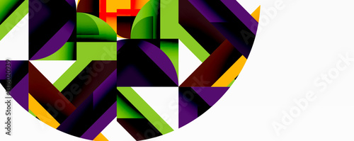 Circles, semi circles, squares and round triangles. Geometric mosaic style pattern abstract background for wallpaper, banner, backdrop, card, book Illustration, landing page