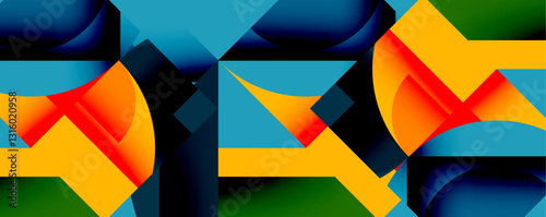 Abstract geometric artwork with interwoven angular and curved shapes, dynamic composition with smooth gradients and bold contrasts