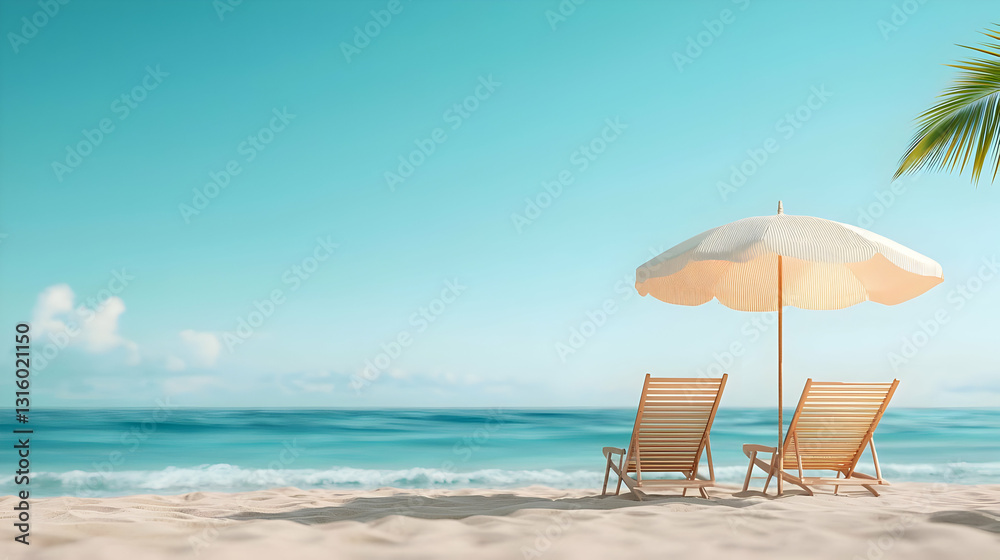 Obraz premium Two Wooden Beach Chairs Under a Striped Umbrella on a Sandy Beach with a Clear Blue Sky and Calm Ocean in the Background on a Sunny Day