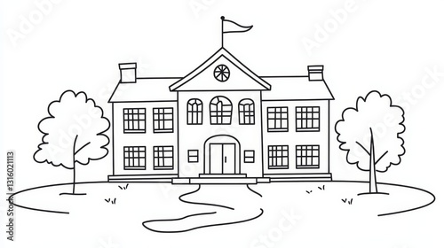 Kindergarten students participate in learning lessons by sketching from a coloring book that includes a school building, educational doodles, and outlined contours for drawing