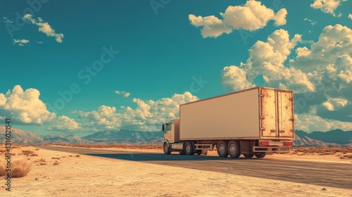 Heavy truck trailer transport is a key aspect of the commercial logistics and shipping industry, where a white cargo mockup template is used for branding and delivery of vehicles, including