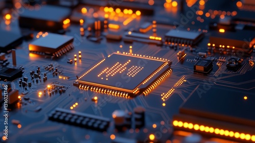Wallpaper Mural Close-up view of a glowing circuit board with intricate details and vibrant orange lights Torontodigital.ca