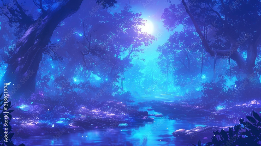 Obraz premium Enchanting Moonlight Forest Serene Night Scene in a Magical Woodland