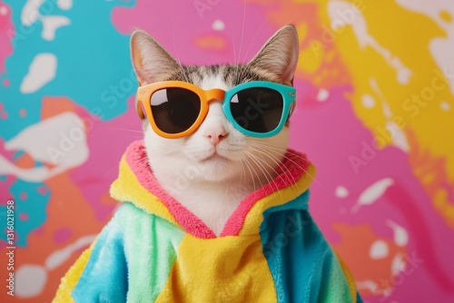 Happy friday, Charming cat in colorful attire, stylish feline wearing sunglasses and hoodie, playful vibe with vibrant background.