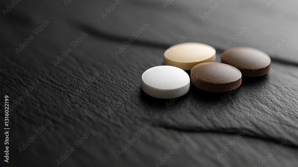 A close-up of round and oval pills on a smooth black table with a soft-focus background A close-up of round and oval pills on a smooth black table with a soft-focus background