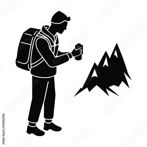 Hiker pausing to view altitude on smartwatch silhouette manual drawn
