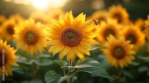 Vivid yellow sunflowers in a sunlit field attracting bees in a natural setting