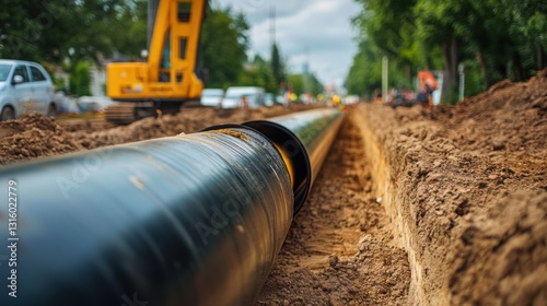 Construction Site with Black Pipe in Ground and Machinery Nearby