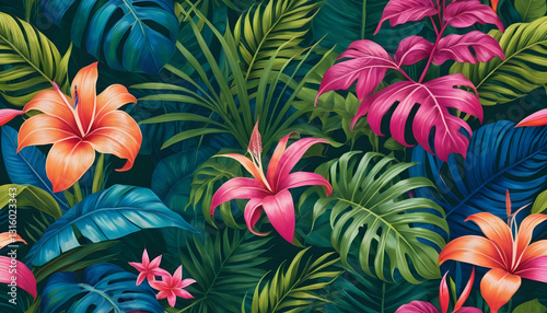 Vibrant Tropical Leaves and Flowers Pattern for Background Design
