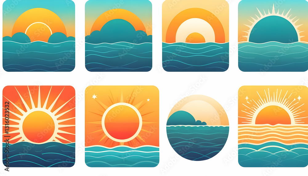 Collection of Colorful Sunset Illustrations Over Tranquil Oceans Collection of Colorful Sunset Illustrations Over Tranquil Oceans
