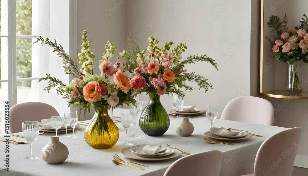 Elegant Floral Arrangement on Dining Table in Modern Interior Space Elegant Floral Arrangement on Dining Table in Modern Interior Space