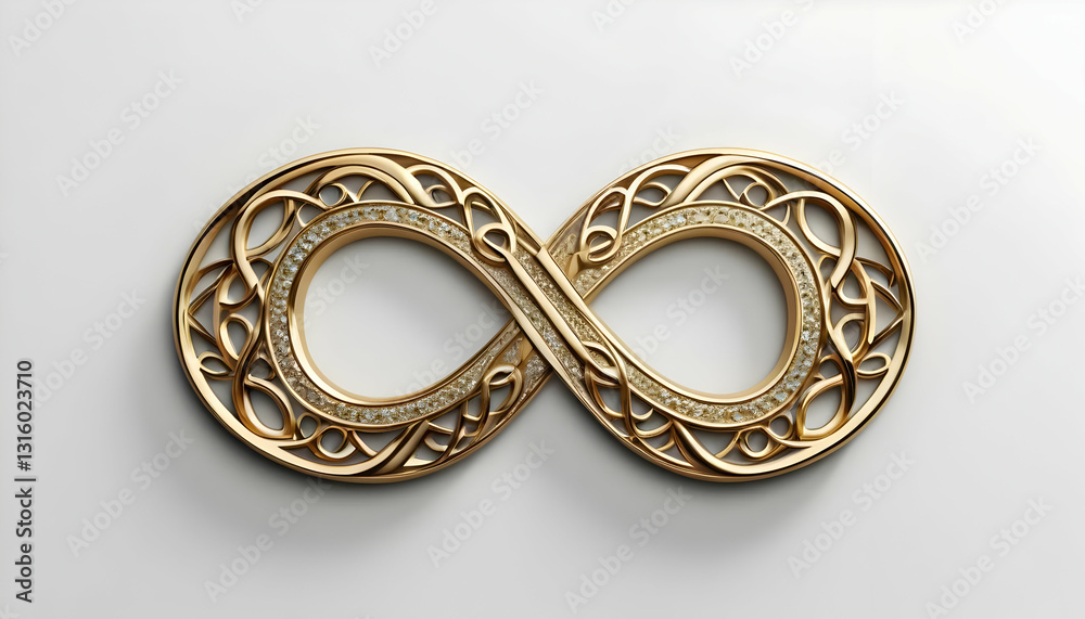 Intricate Gold Infinity Symbol with Decorative Patterns on White Background Intricate Gold Infinity Symbol with Decorative Patterns on White Background