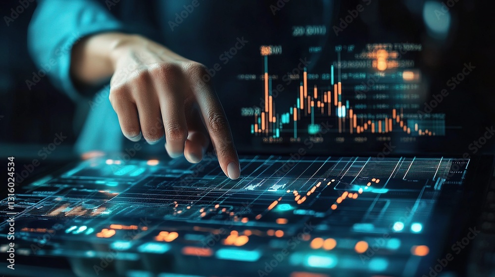 Business Person Analyzing Digital Charts and Diagrams on Screen Business Person Analyzing Digital Charts and Diagrams on Screen