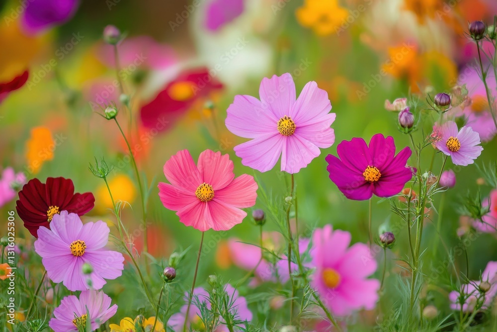 Vibrant cosmos flowers blooming in a lush garden setting, perfect for nature enthusiasts and floral photography lovers seeking colorful landscapes Vibrant cosmos flowers blooming in a lush garden setting, perfect for nature enthusiasts and floral photography lovers seeking colorful landscapes
