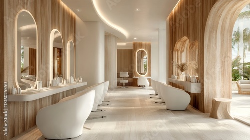 The beauty salon boasts an interior with luxury studio mirrors, makeup chairs, and a modern hairstyle space, as well as a fashionable barbershop design, contemporary spa furniture, professional hair