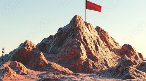 With the victory flag planted firmly at the mountain summit peak, the sense of successful achievement and triumphant leadership is palpable, marking the end of a challenging yet rewarding journey to