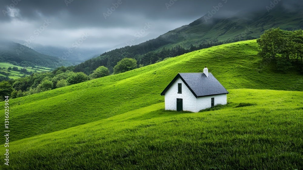 A serene white house nestled in lush green hills under a dramatic cloudy sky, creating a peaceful countryside scene. A serene white house nestled in lush green hills under a dramatic cloudy sky, creating a peaceful countryside scene.