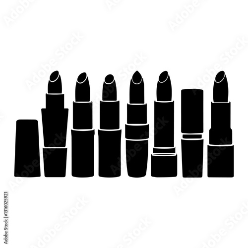 A black and white silhouette illustration of seven lipsticks in different styles and levels of use, arranged in a row. The design emphasizes beauty, fashion, and cosmetics.