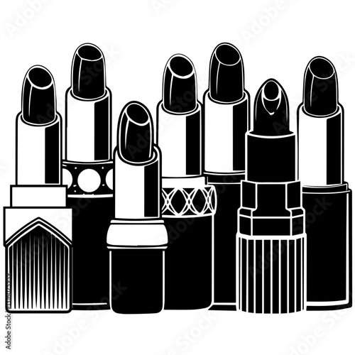 A black and white silhouette illustration of seven lipsticks in different styles and levels of use, arranged in a row. The design emphasizes beauty, fashion, and cosmetics.